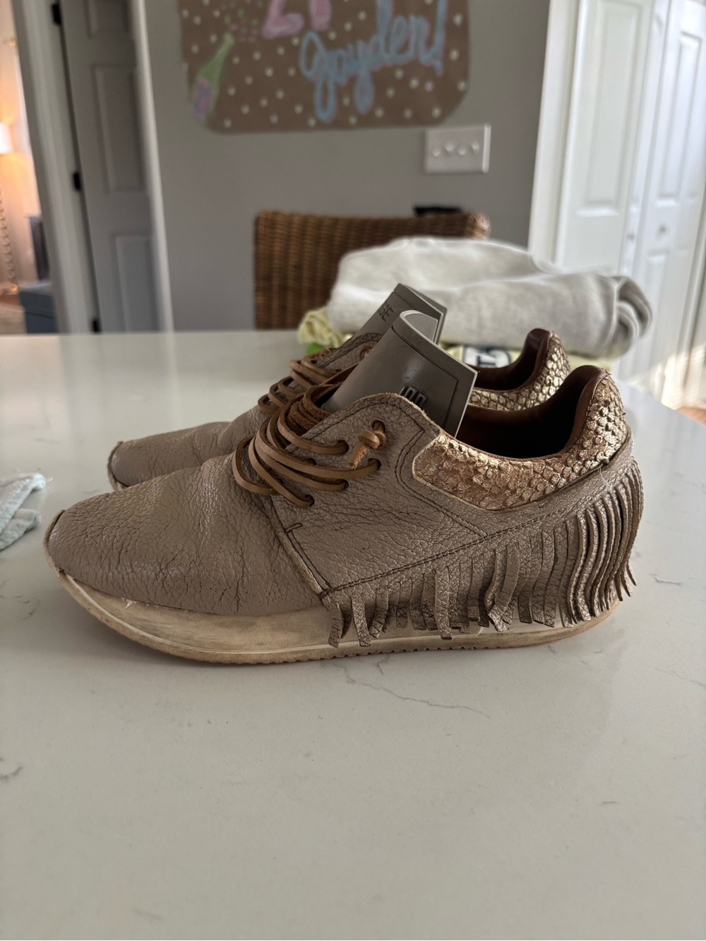 women’s Fringe Leather Sneakers in Taupe